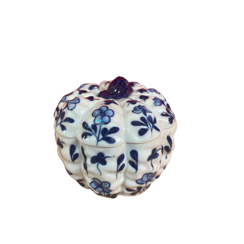 Vintage Blue White Porcelain Pumpkin Trinket Box Made in Floral Ceramic